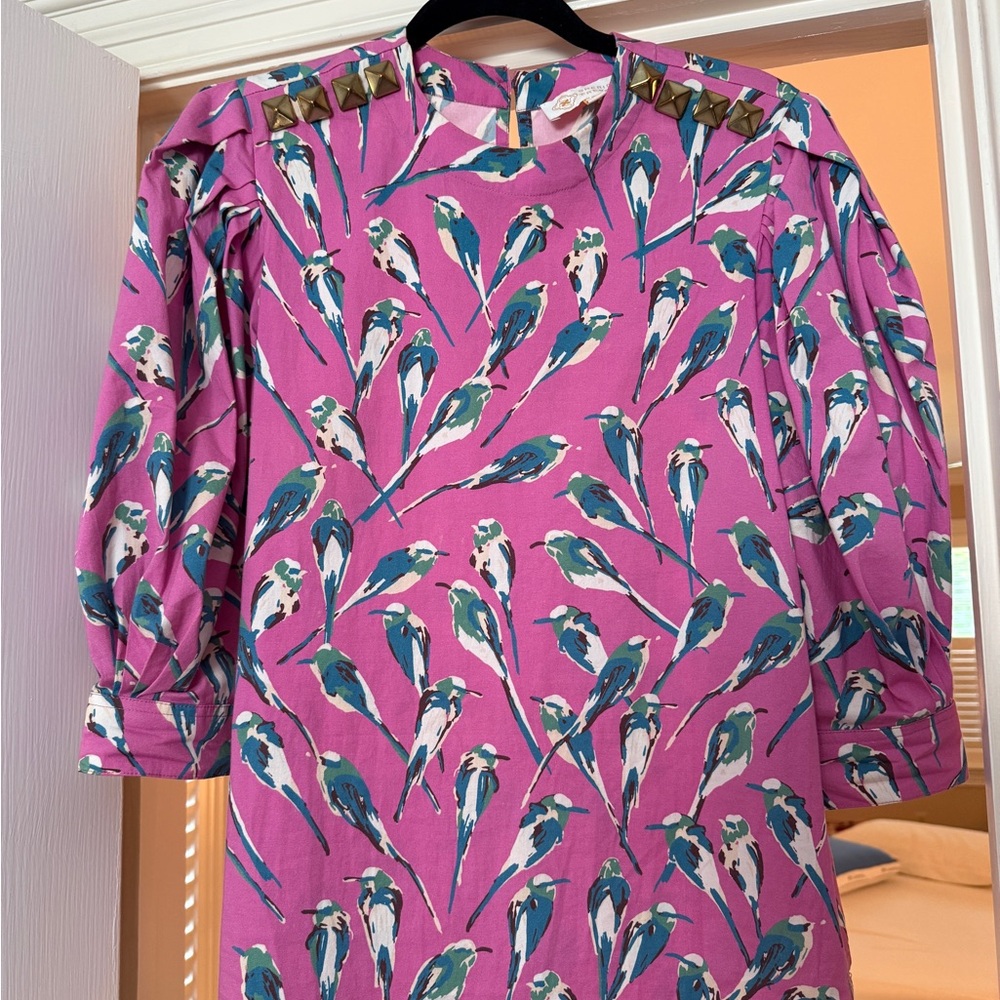 Pink Bird Print Top with Studded Shoulders